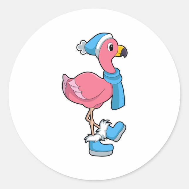 Sticker Rond Flamant rose avec Ecarf & Casquette (Devant)