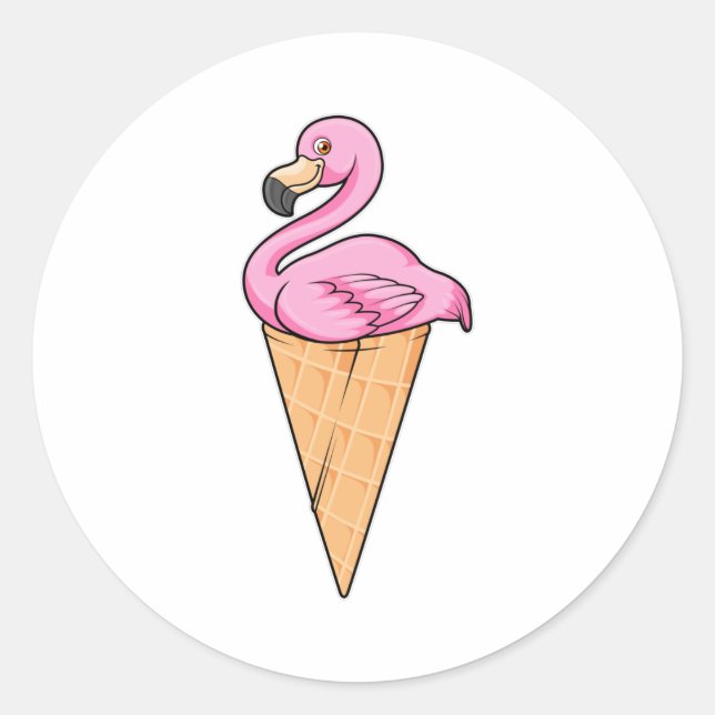 Sticker Rond Flamant rose avec gaufre de glace (Devant)