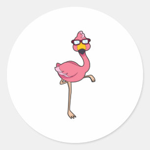 Sticker Rond Flamant rose avec lunettes de soleil