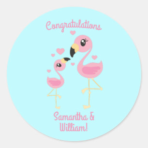 Sticker Rond Flamant rose Baby shower mignon Tropical