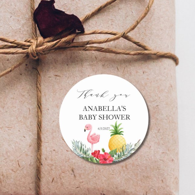 Sticker Rond Flamant rose Baby shower rose tropicale (Créateur téléchargé)