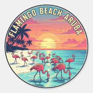 Sticker Rond Flamant rose Beach à Aruba Travel