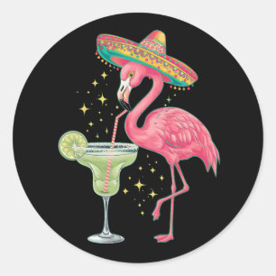 Sticker Rond Flamant rose Boire Margarita Funny Poncho mexicain