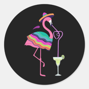 Sticker Rond Flamant rose Boire Margarita Mexicaine Poncho Cinc