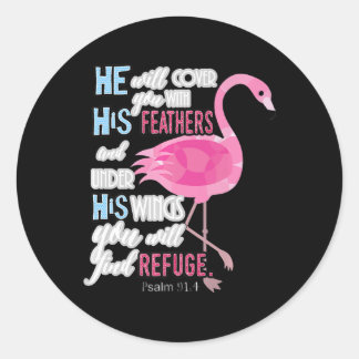 Sticker Rond Flamant rose Christian Gift, Psaume 91 Bible Verse