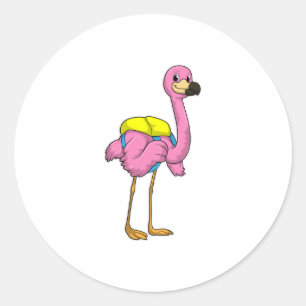 Sticker Rond Flamant rose comme élèves avec sac scolaire