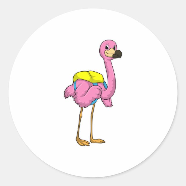 Sticker Rond Flamant rose comme élèves avec sac scolaire (Devant)