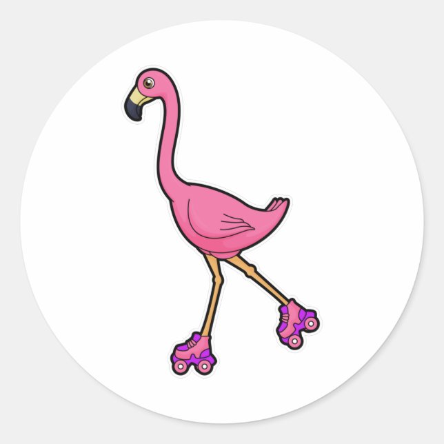 Sticker Rond Flamant rose comme Patineur avec Roller Patins (Devant)