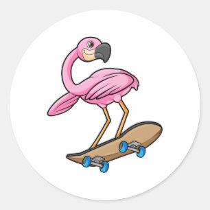 Sticker Rond Flamant rose comme Patineur avec Skateboard