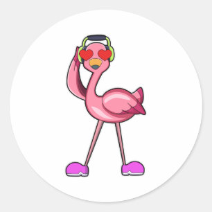 Sticker Rond Flamant rose comme pensionné avec bâton de marche 