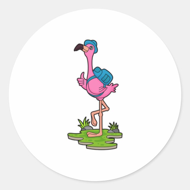 Sticker Rond Flamant rose comme randonneur avec sac à dos (Devant)