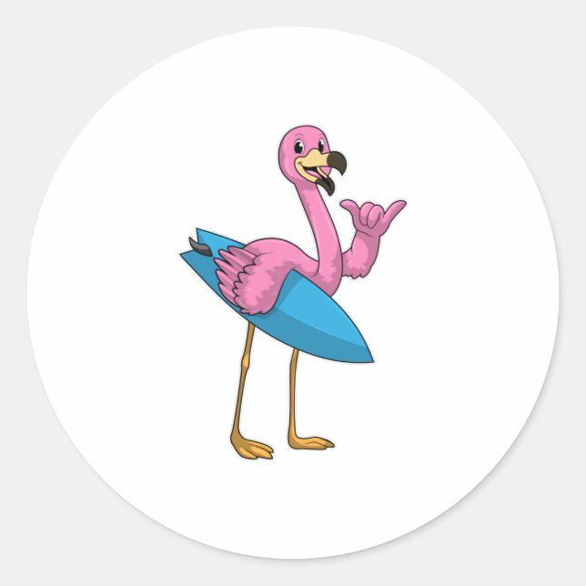Sticker Rond Flamant rose comme Surfer avec Surfboard (Devant)