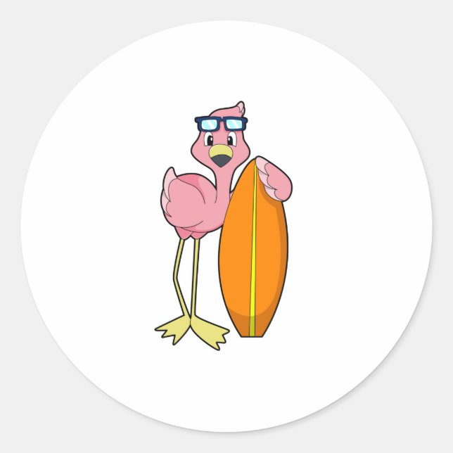 Sticker Rond Flamant rose comme Surfer avec Surfboard.PNG (Devant)
