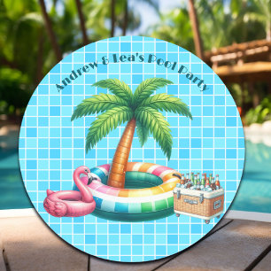 Sticker Rond Flamant rose de la piscine de palmiers