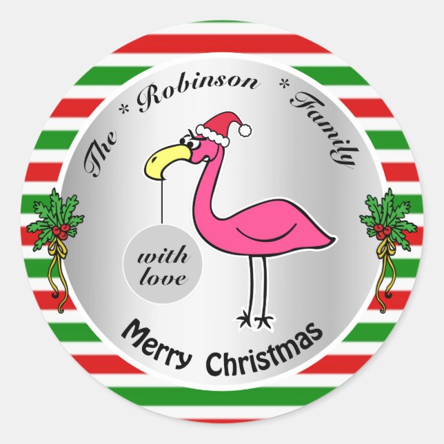 Sticker Rond Flamant rose de Noël amusant Humour rouge et vert  (Devant)