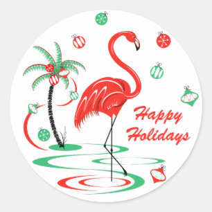 Sticker Rond Flamant rose de Noël rouge Baubles vacances autour