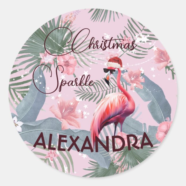Sticker Rond Flamant rose de Noël Tropical Personnel (Devant)