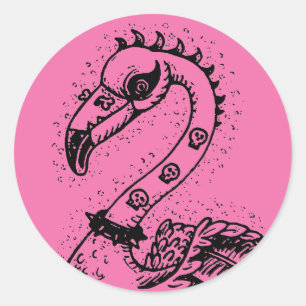 STICKER ROND FLAMANT ROSE DE ROCKER GOTH PUNK, HAULEURS, CHEVEU