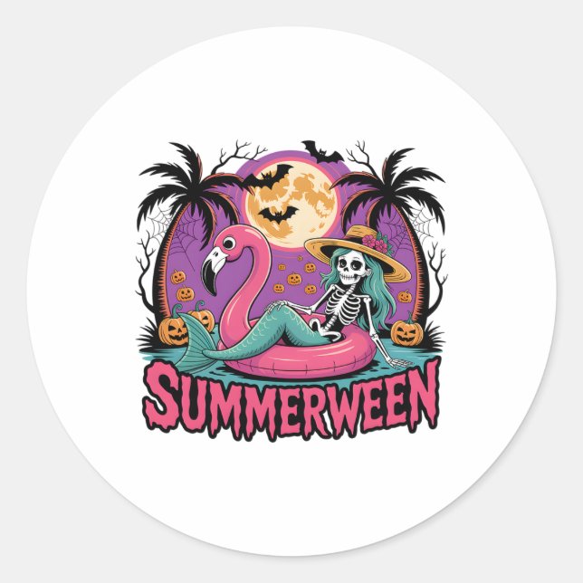 Sticker Rond Flamant rose de squelette de Summerween Fille d'ét (Devant)