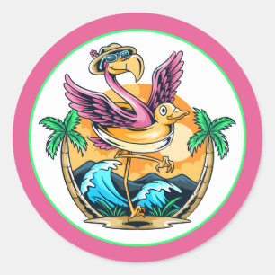 Sticker Rond Flamant rose d'été