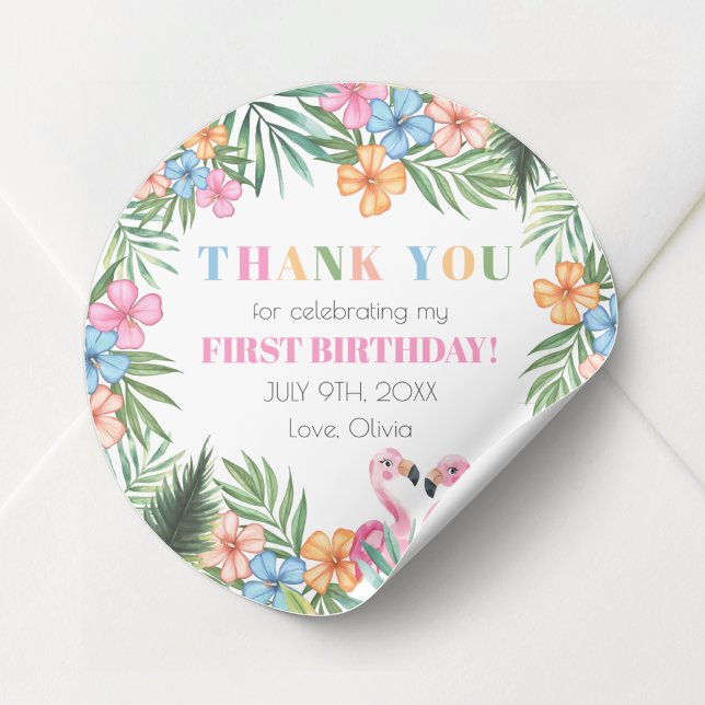 Sticker Rond Flamant rose d'été tropical Enfants 1er anniversai (Tropical Summer Flamingo Kids First 1st Birthday Classic Round Sticker)