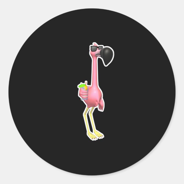 Sticker Rond flamant rose drôle avec boisson (Devant)