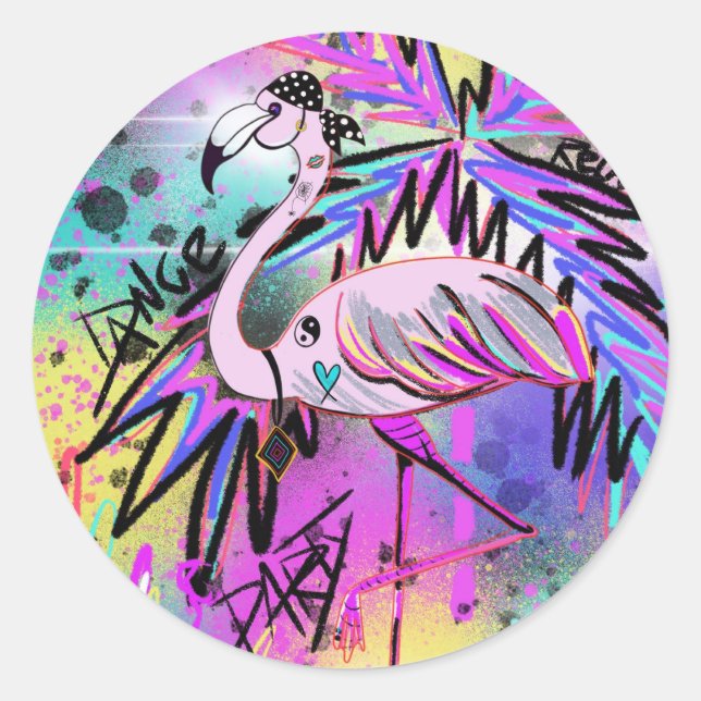 Sticker Rond Flamant rose embelli (Devant)