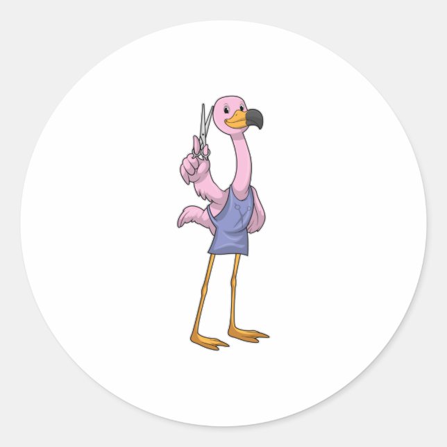 Sticker Rond Flamant rose en coiffeur avec ciseaux (Devant)