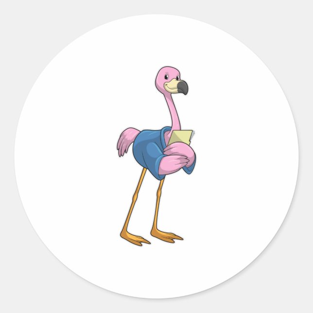 Sticker Rond Flamant rose en tant que secrétaire avec Bloc-note (Devant)