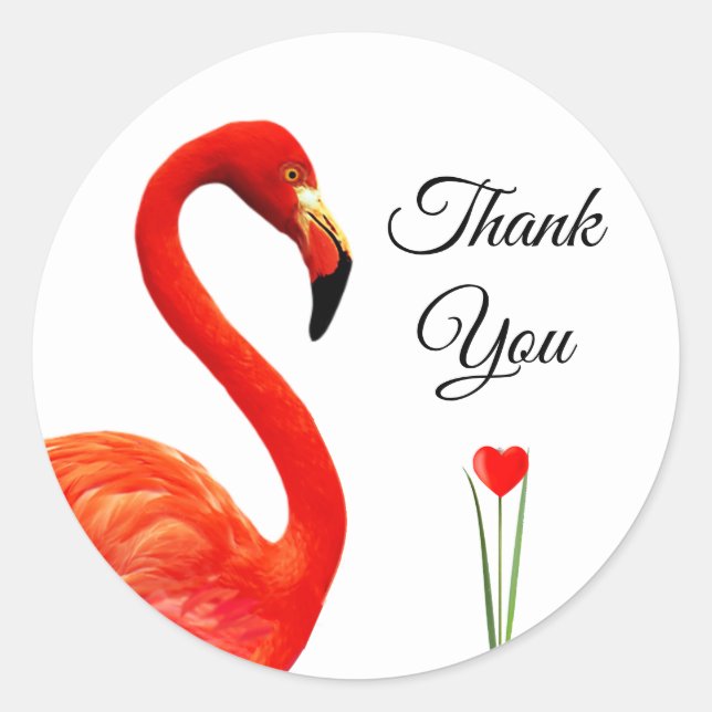 Sticker Rond Flamant rose et cœur Merci (Devant)