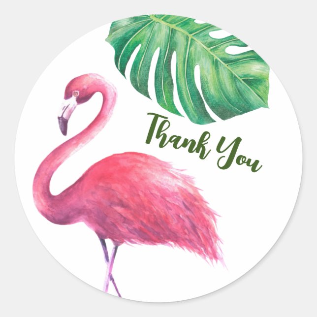 Sticker Rond Flamant rose et feuilles tropicales Merci (Devant)