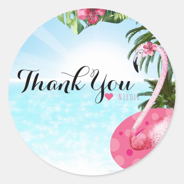 Sticker Rond Flamant rose Été Anniversaire PISCINE PARTY Beach (Devant)