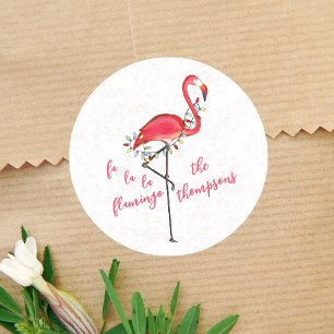 Sticker Rond Flamant rose festif de Noël lumières à cordes