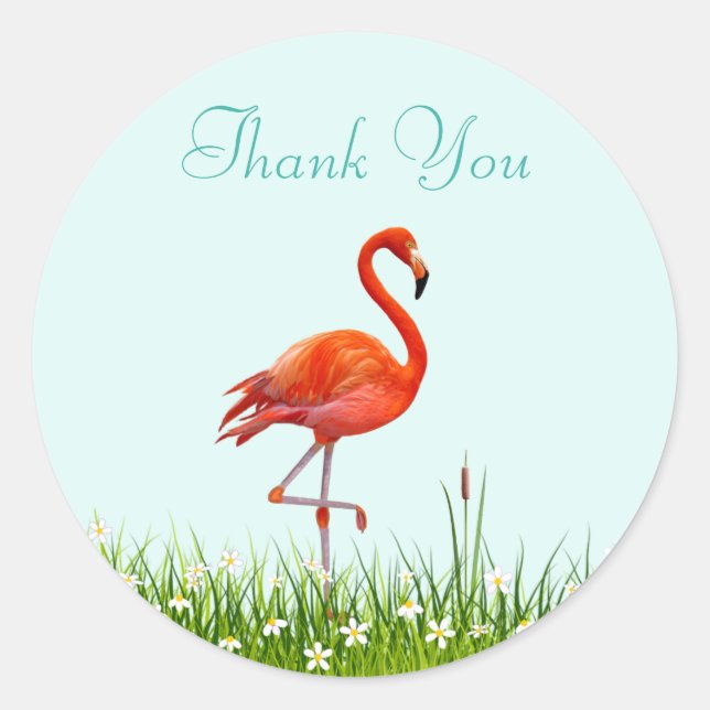 Sticker Rond Flamant rose & Fleurs Merci (Devant)