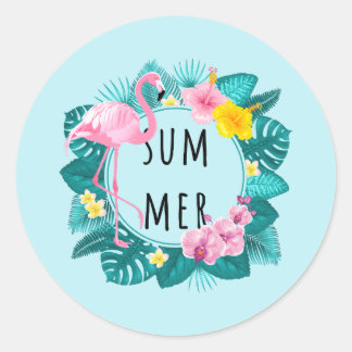 Sticker Rond Flamant rose floral Bliss été