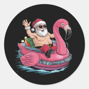 Sticker Rond Flamant Rose Gonflable de Noël en Juillet d'Été