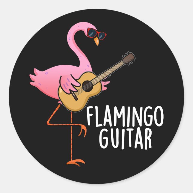 Sticker Rond Flamant rose Guitare Funny Music Pun Dark BG (Devant)