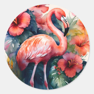 Sticker Rond Flamant rose Hibiscus Aquarelle Art