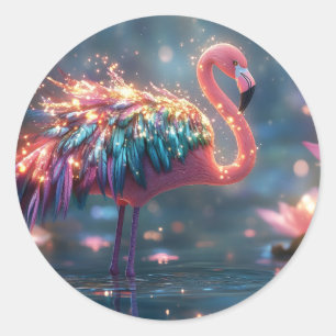 Sticker Rond Flamant rose magique Imaginaire Art avec plume col