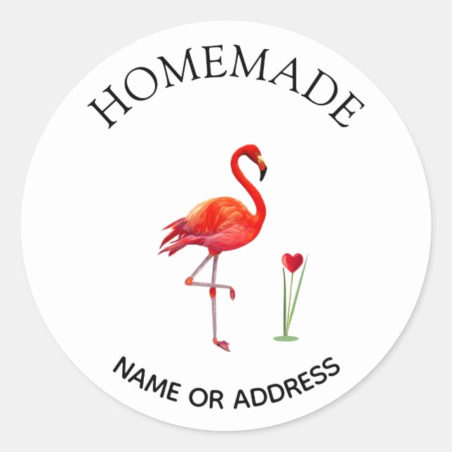 Sticker Rond Flamant Rose Mignon & Cœur Faits Main (Devant)