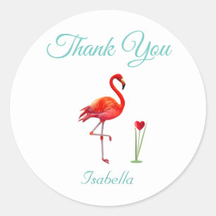 Sticker Rond Flamant rose mignon et Merci de coeur