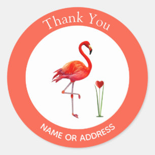 Sticker Rond Flamant rose mignon sur le corail et le Merci blan