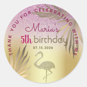 Sticker Rond Flamant Rose Or 5ème Anniversaire