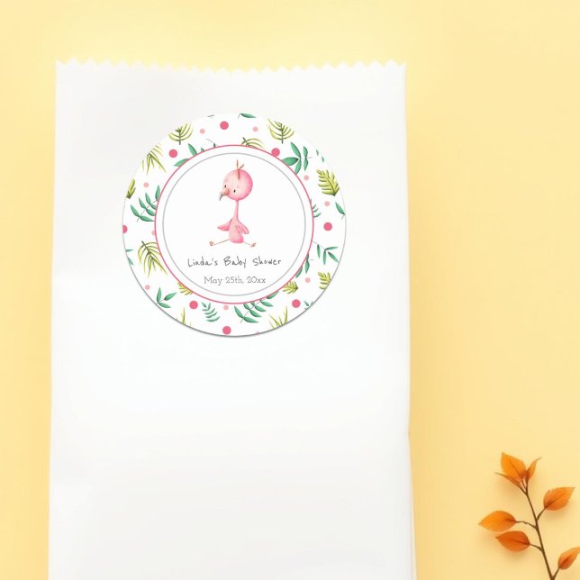 Sticker Rond Flamant rose Party Personnalisé Cute Baby shower (Créateur téléchargé)
