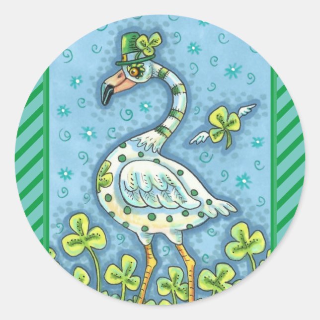 STICKER ROND FLAMANT ROSE POLKA DOT VERT, FUNNY ST. JOUR DE PAT (Devant)