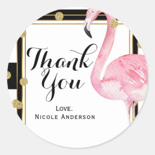 Sticker Rond Flamant Rose Rayures Noires et Blanches & Confetti