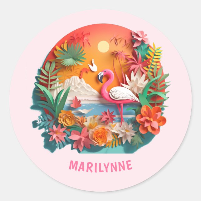 Sticker Rond Flamant rose Rose 3D Mignons Retour À L'École (Devant)