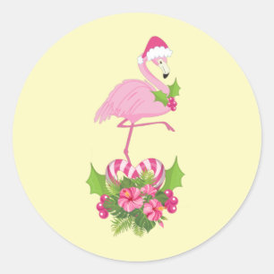 Sticker Rond Flamant rose rose à Santa Hat Noël Whimsical