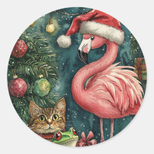 Sticker Rond Flamant rose rose Chat & Grenouille Noël tropical