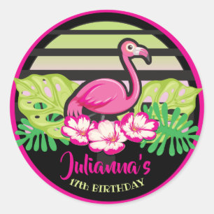Sticker Rond FLAMANT ROSE ROSE CHAUD Feuilles tropicaux Sceau É